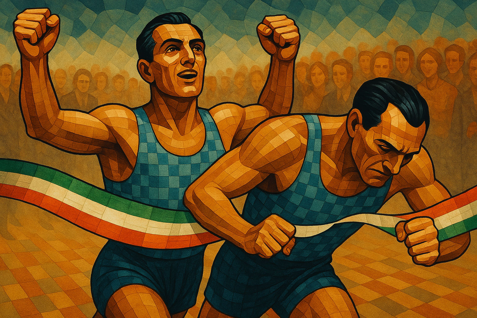 A close-up abstract image of two marathon runners sprinting to the finish line. The composition evokes Mondrian's style, using bold colors a...