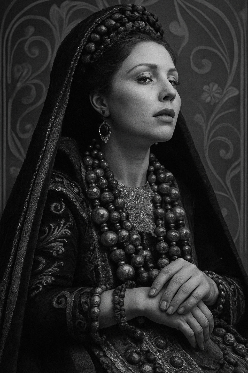 Medea - Greek Queen - seated on a throne - Add color to the elegant blue dress woven and embroidered with silver and green gold threads - an...