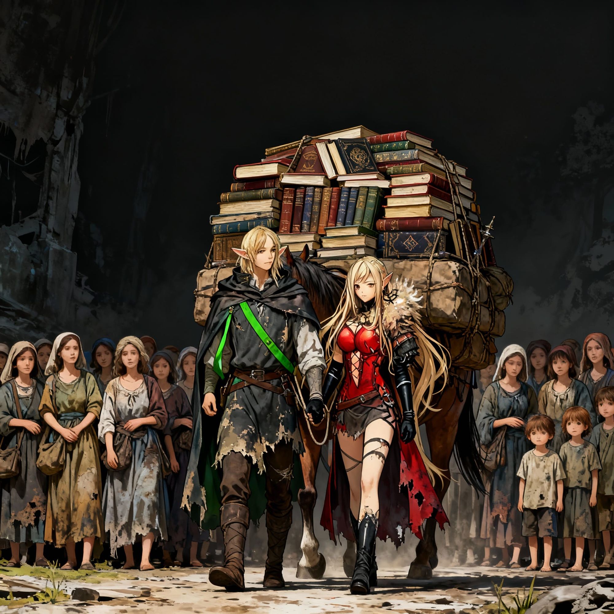 Modify this image in the style and environment of the Kuroinu: Kedakaki Seijo wa Hakudaku ni Somaru anime.  The central couple are leading a...