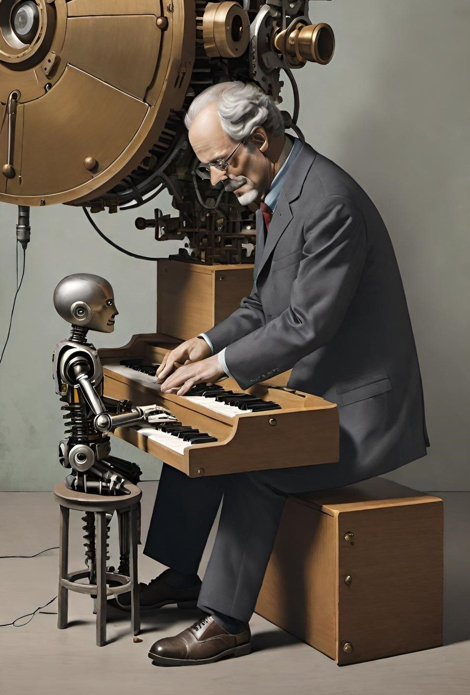 A teacher teaches a mechanical man to play the keys 