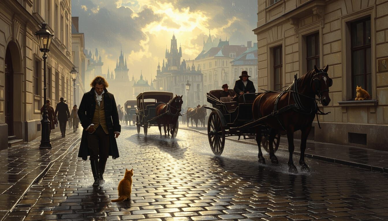 wet street. beethoven.  18th century vienna. cat. horse cart. Cinematic film still, shot on v-raptor XL, film grain, vignette, color graded,...