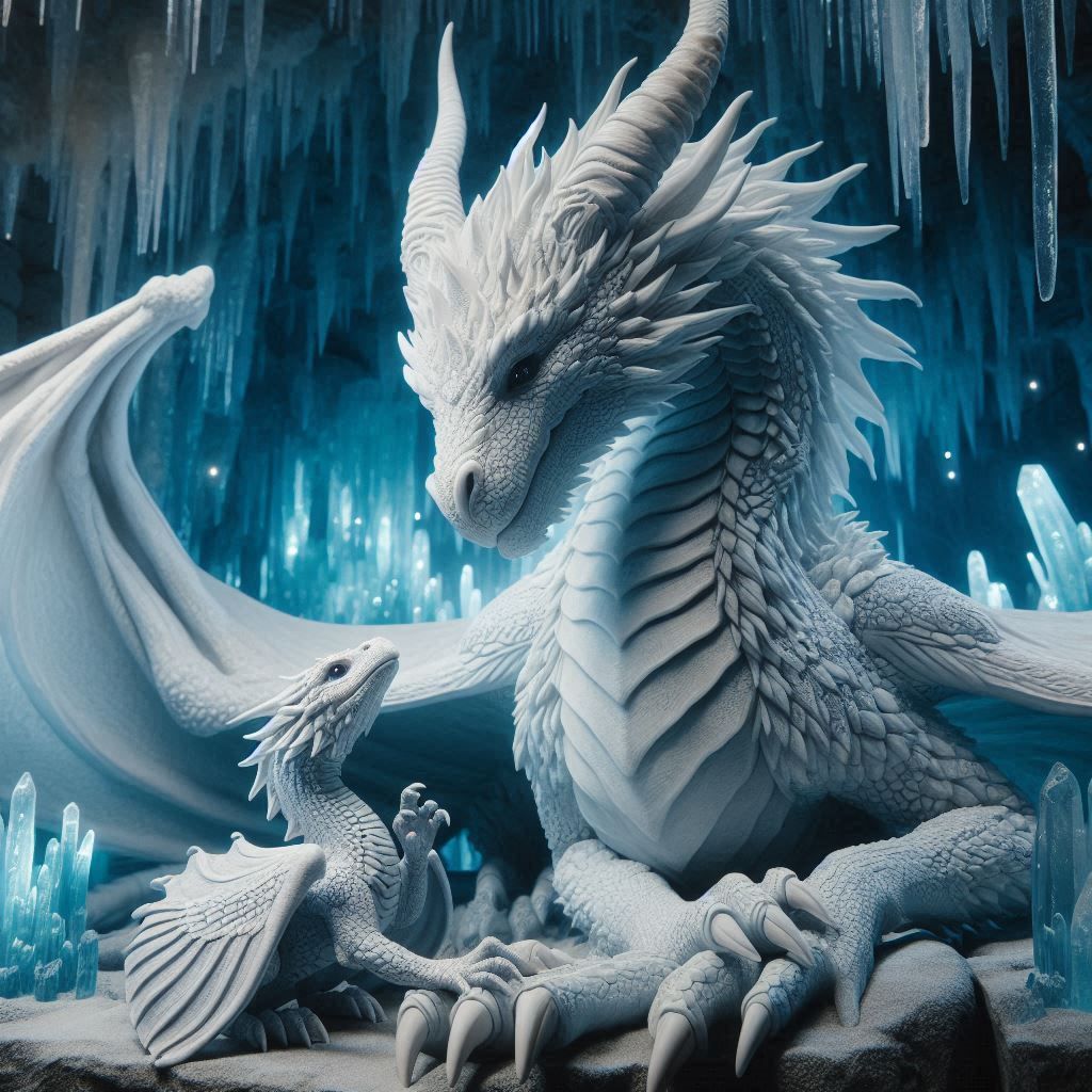 close-up of mother majestic white dragon tending to her baby dragon in a crystal cave, <lora:Flux Hyperreal:1.0>