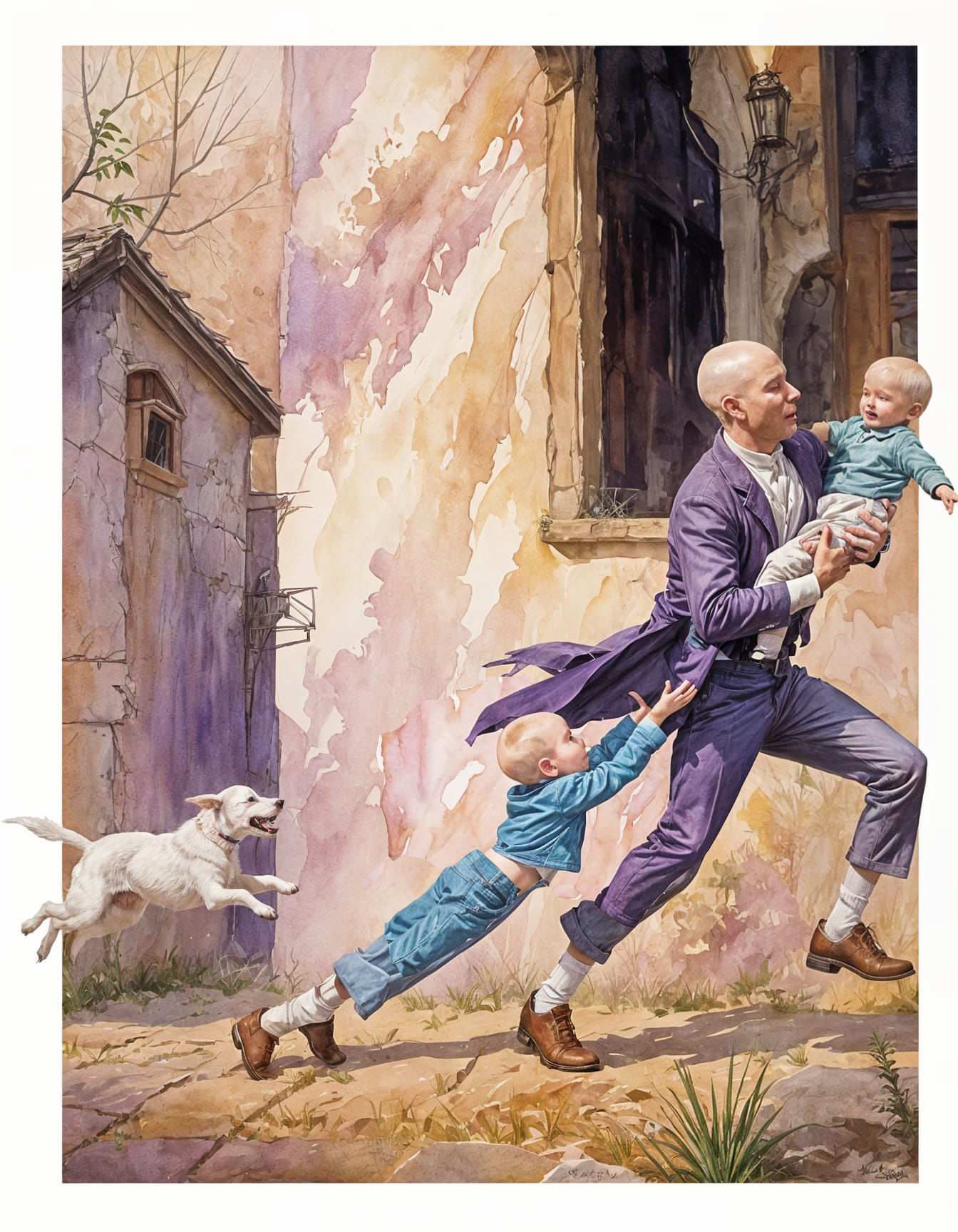 a purple-skinned man with a bald head carrying away a screaming toddler. A blond-haired little boy is tugging the man's coat from behind. A...