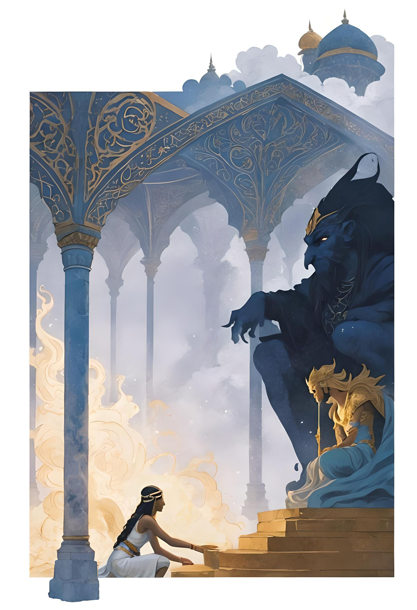 a golden dijnn sitting on a throne. beside him a big blue dijnn is stitting. an arabian dressed princess is kneeling in front of the throne...