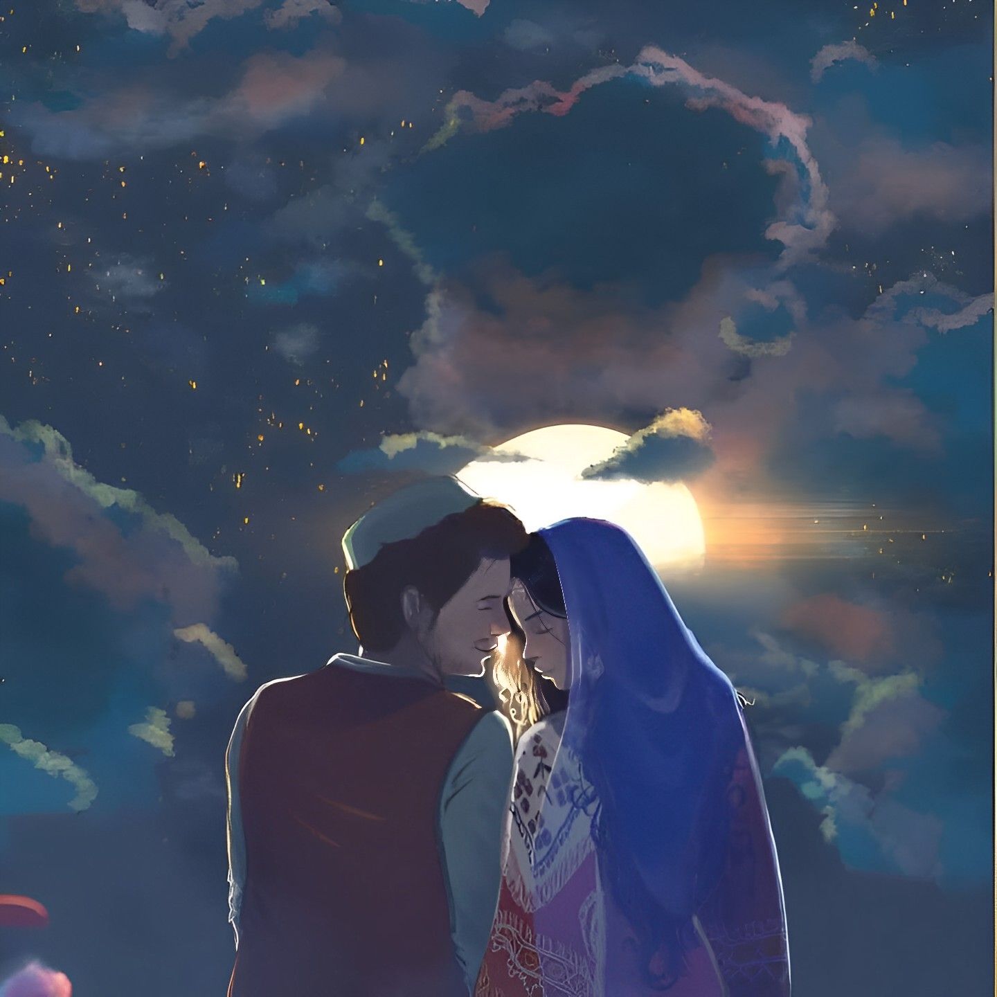 In a mystical night scene, a young couple stands close together, the man with his arm around the woman's waist. The woman is gazing up at hi...