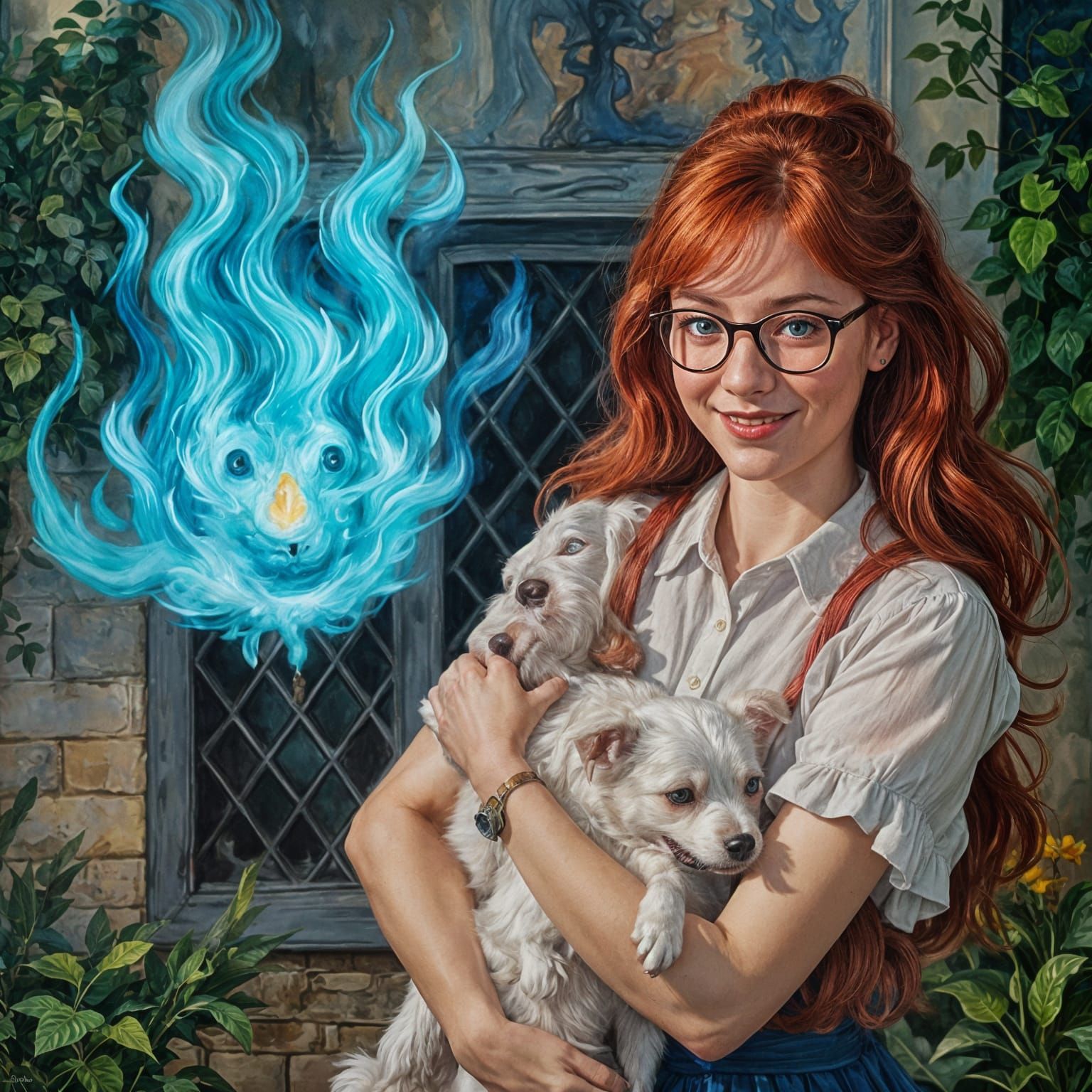 a girl is holding a white dog in Gouache Style, Watercolor, Museum Epic Impressionist Maximalist Masterpiece, Thick Brush Strokes, Impasto G...