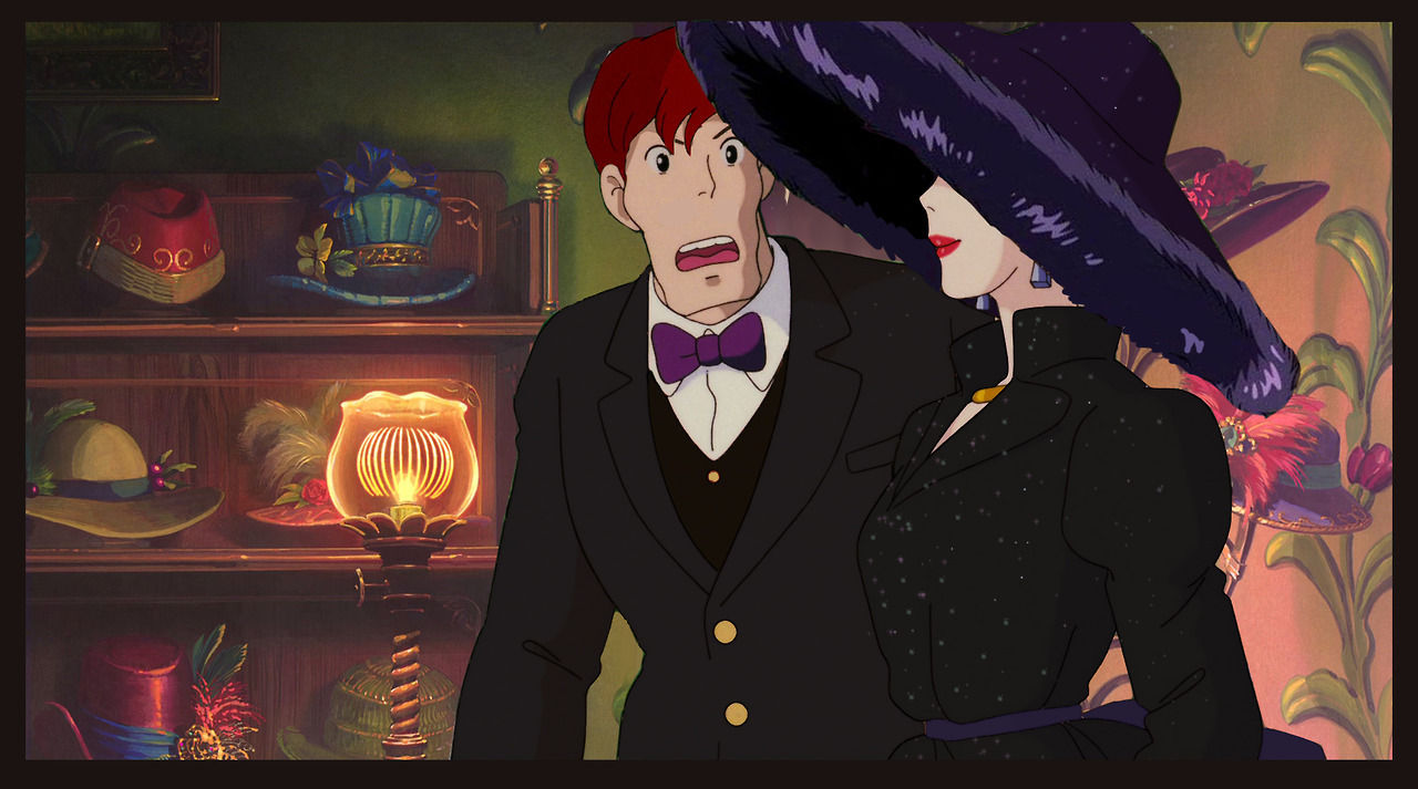 a beautiful red haired lady wearing black gown and black bonnet adorned with colorful ostrich plum enders into a victorian style ladies hat...