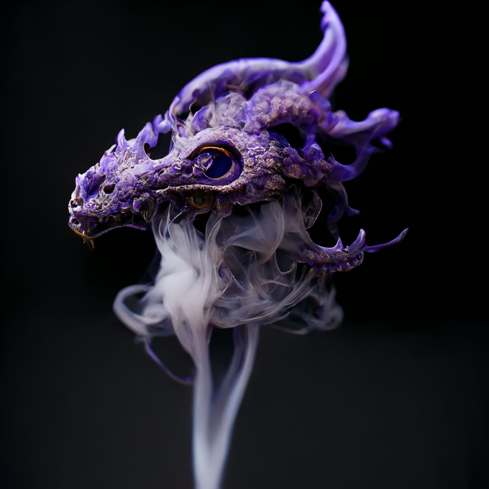 a puff of purple smoke in the shape of a mythical dragon head, black background, dramatic lighting, cinematic, hyperrealistic, high detail,...