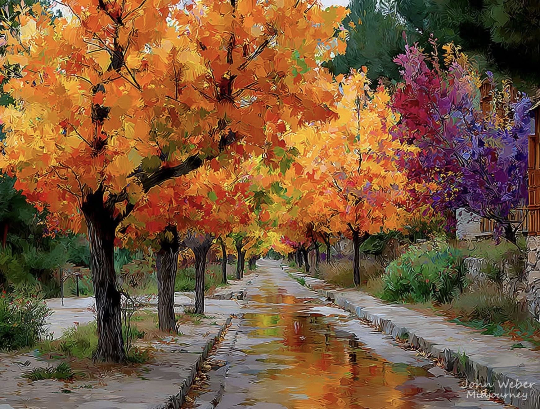Using this image create a more photorealistic image of a pathway surrounded by beautiful different color fall trees