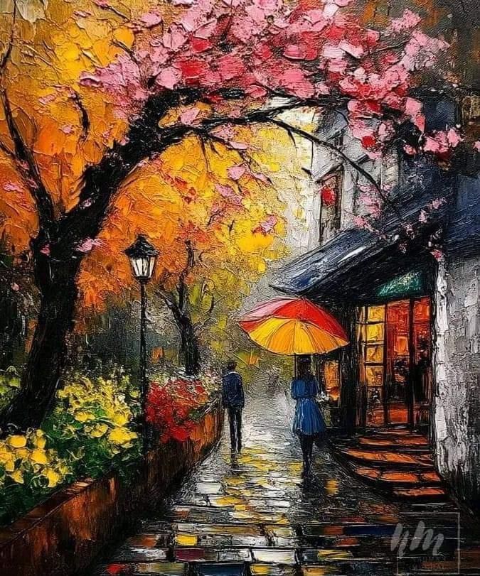 romantic rainy evening street 