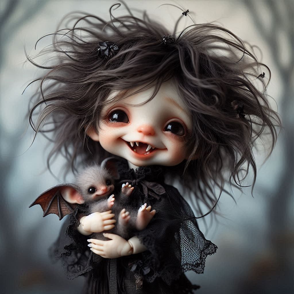 funny little vampire laughing holding a laughing bat
