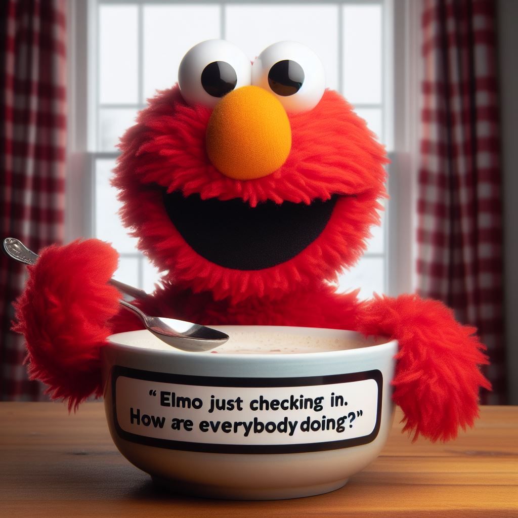 elmo eating cereal and waving