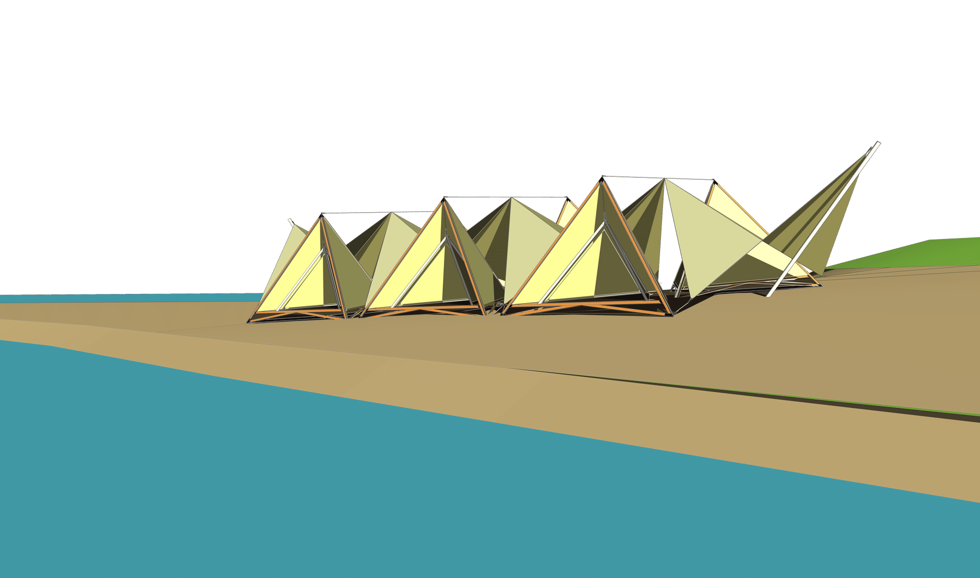 hi, could you do a realistic render of this image, the blue area should be a light shore of a beach, the beige part should be sand and the g...