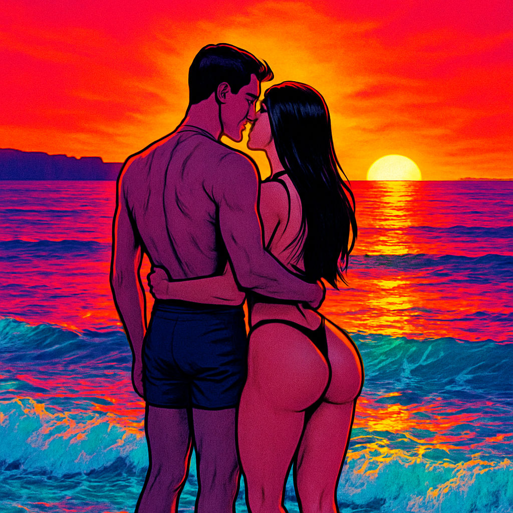 young couple stands as a silhouette at an ideal point
with a sunset in extreme color saturation