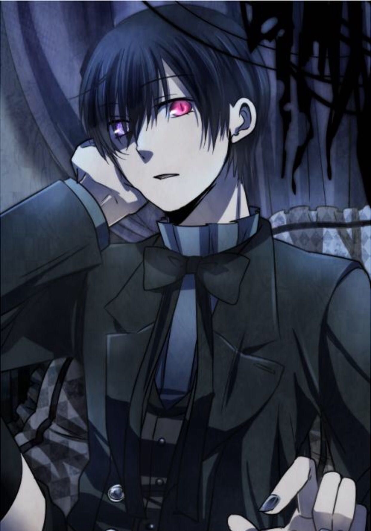 An in the style for a realistic photograph depicting a sedentary 13-year-old boy Ciel Fantomhive with pale skin and bright red eyes. He has...