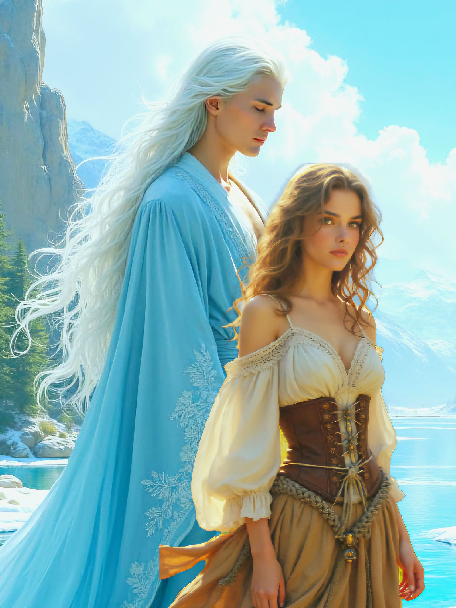 An ethereal couple watch a frozen lake in the mountains as the morning sunlight thawing the ice.