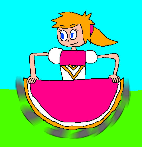 A minimalistic cartoon-style drawing of a young orange-haired woman with blue eyes and a ponytail, wearing a poofy hot-pink princess dress w...