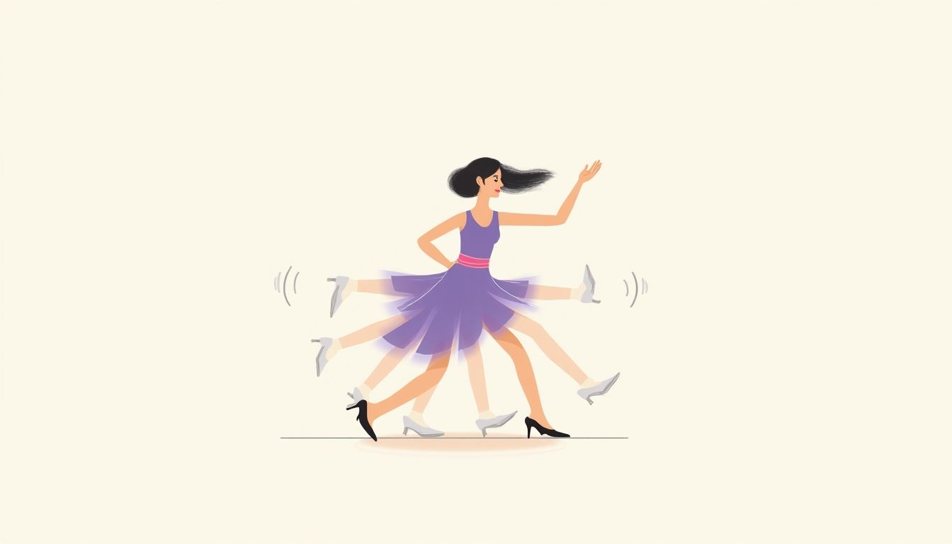 A dynamic, high-energy illustration of a woman in a vibrant purple dress with a bright pink belt, tap dancing at incredible velocity, her le...