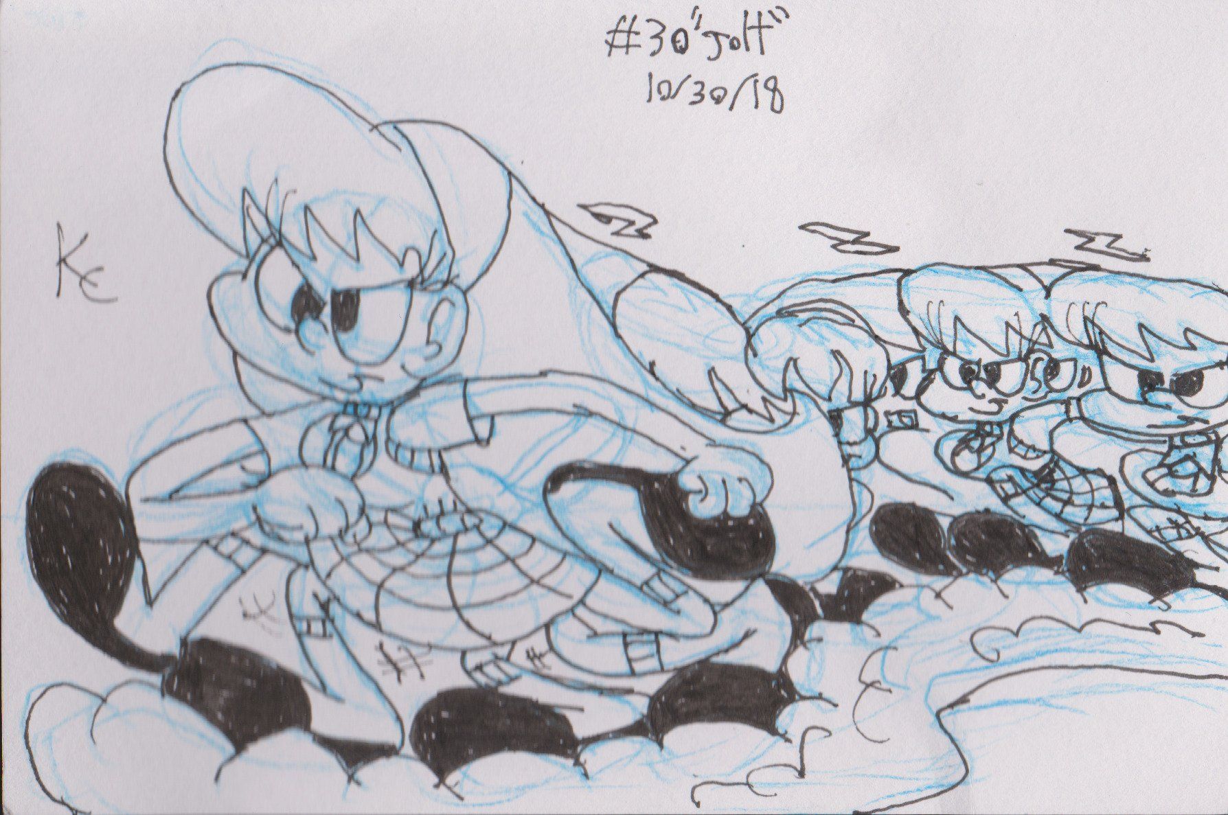 A minimalist cartoon-style drawing of a girl with long blonde hair and a bright red headband, wearing a vibrant purple dress featuring a whi...