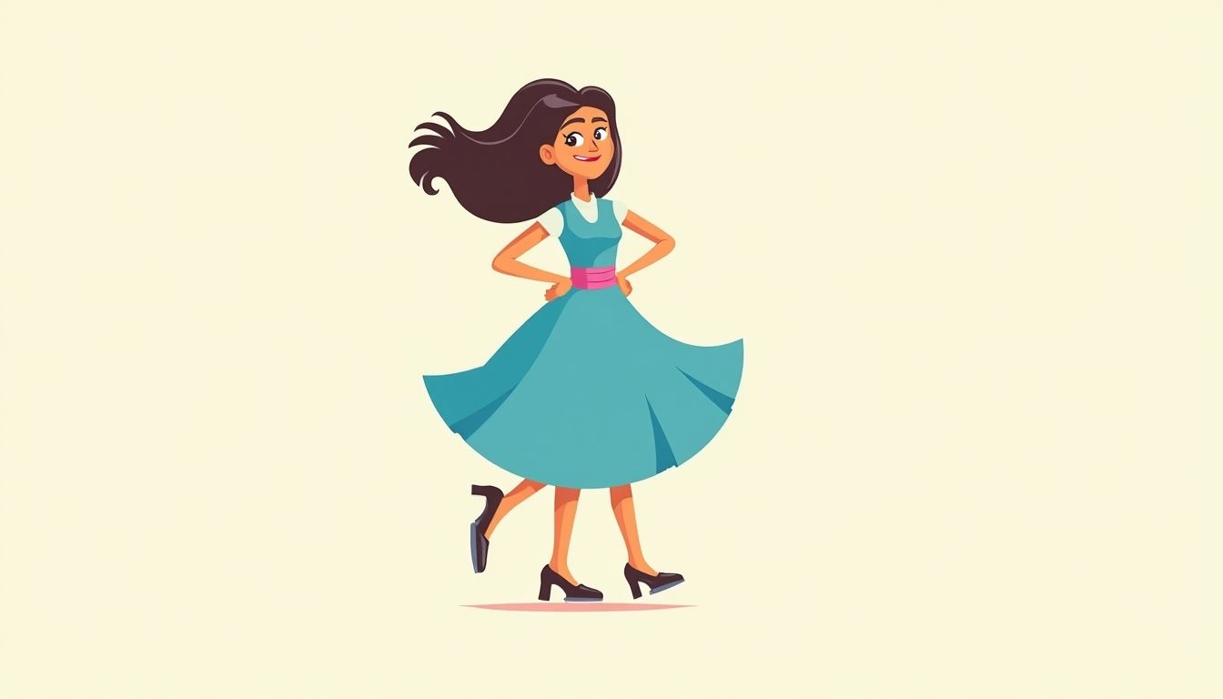 A lively and colorful minimalist cartoon-style illustration of a young woman wearing a playful blue dress with a flared skirt, perfectly cin...