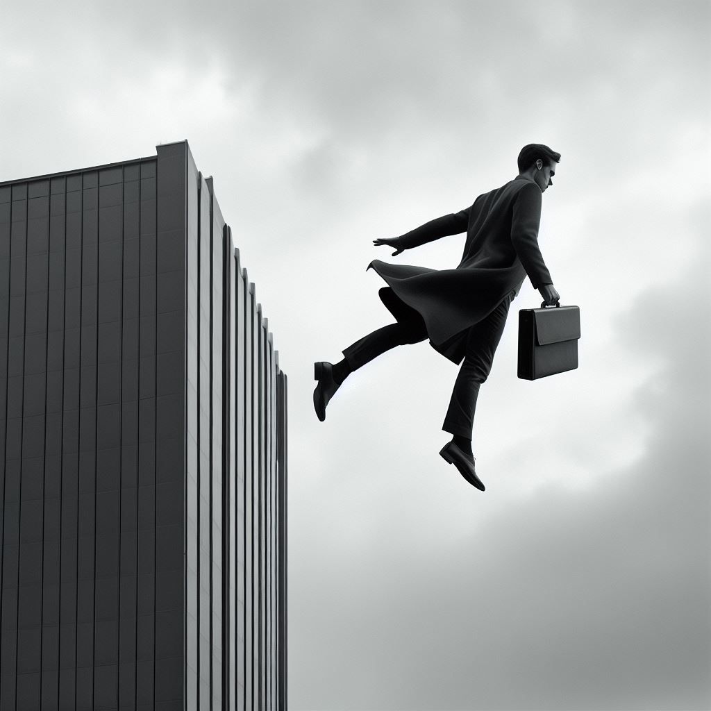 Man walks airily across the sky, on his way home from work