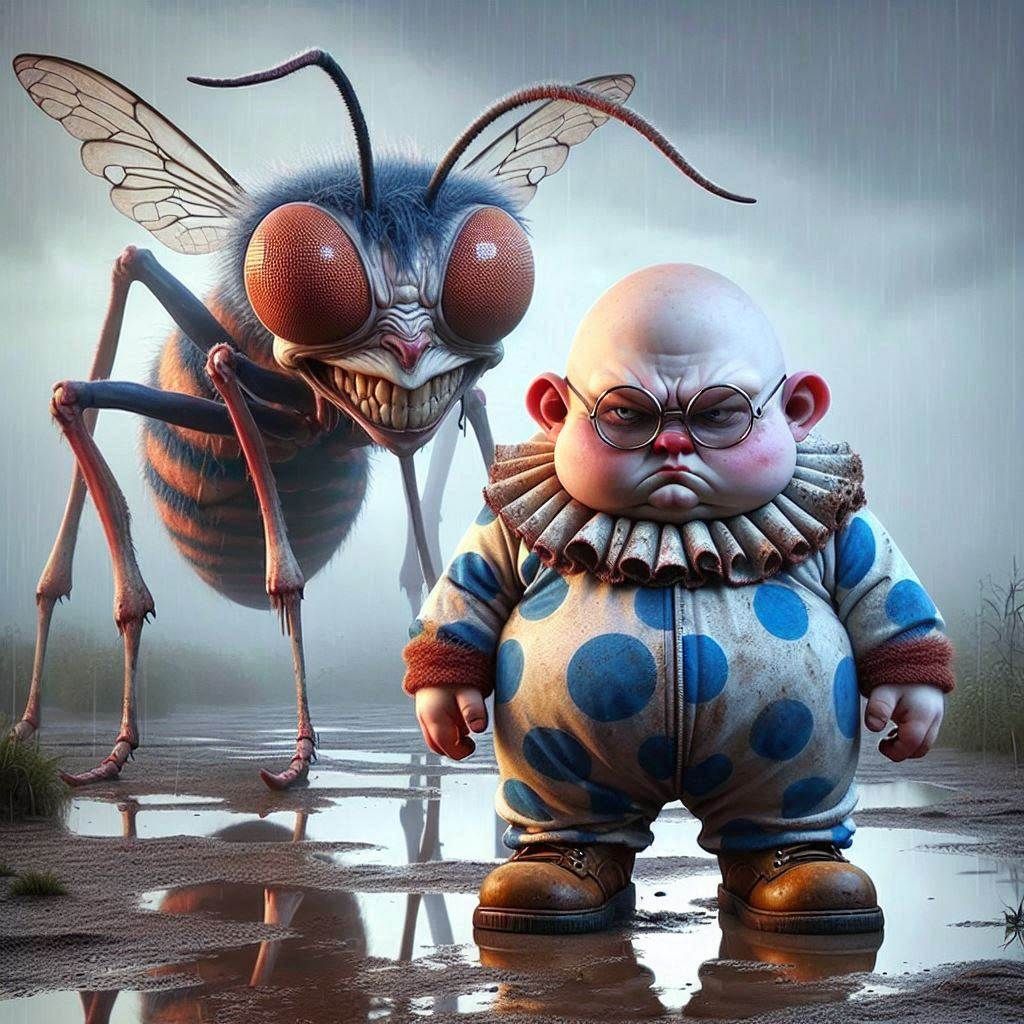 Medium shot from dutch angle of the insect and the angry clown thinking he is alone in the park when the camera dollies ...