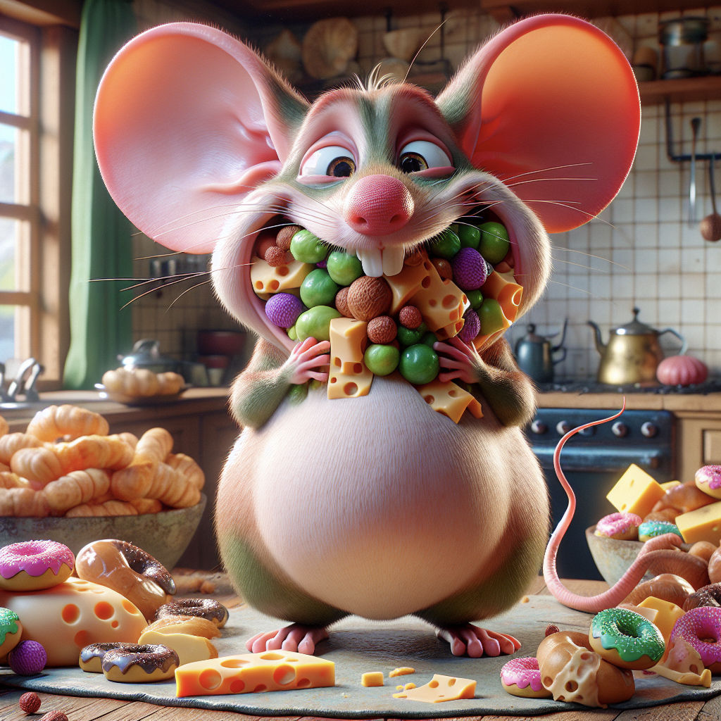 3d animation of the mouse who is desperately engorging whatever he just finds, with both hands and excitedly bulging eye...
