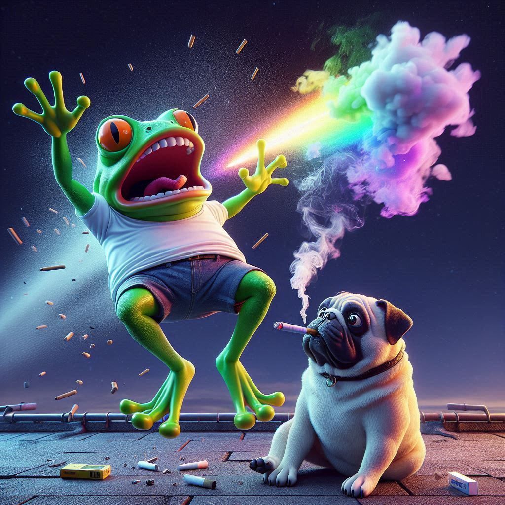 Dynamic crane shot of an animated scenery showing the frog falling off the rooftop by being stuck by a flashing lighting...