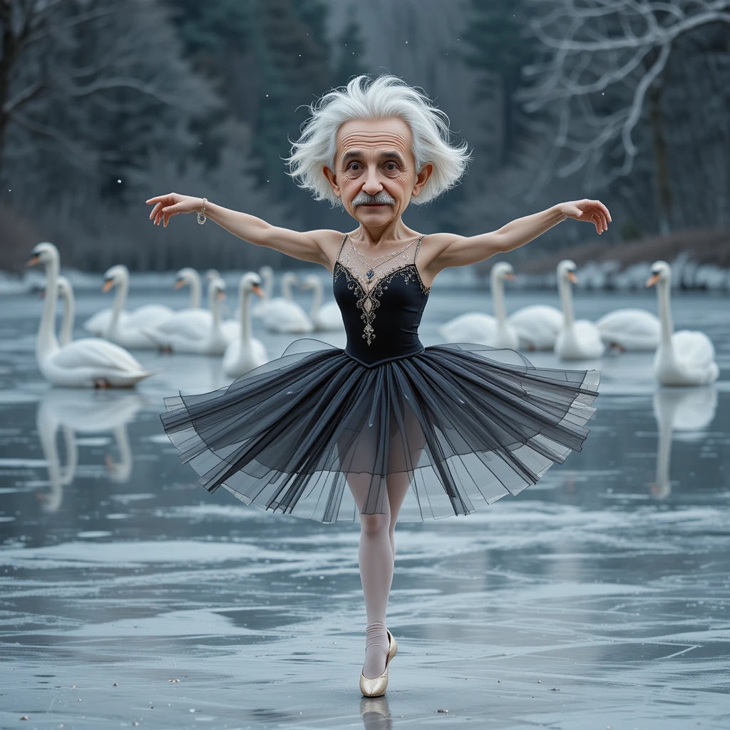 Art parody, the camera dollies to show a wide angle caricatured ballerina with the face of Albert Einstein by using face...