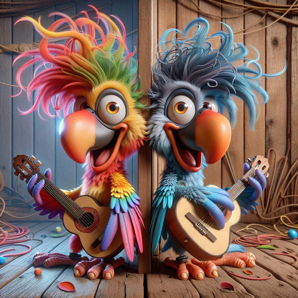 video starts with an extreme close-up that a quick zoom out shows the two parrots to start playing on their guitars for ...