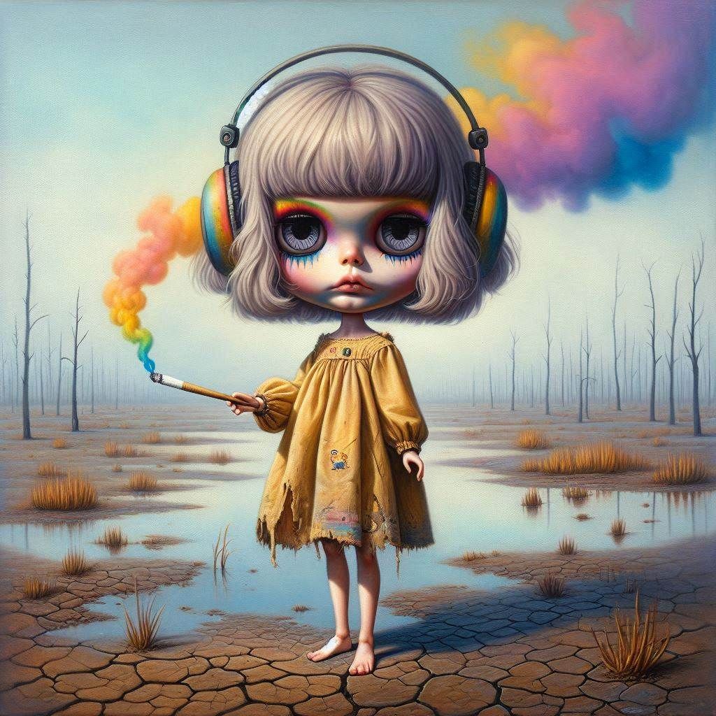 modern surrealism fantasy, smooth motion video, the camera slowly dollies in to show an eerie, cartoon styled Blythe doll with oversized hea...