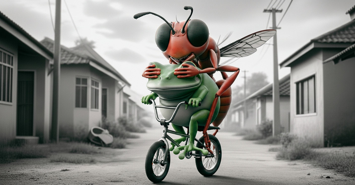 funny 3d animation of the chubby frog and his ant-buddy lurching randomly on fast and the dicky bicycle, the frog is sca...