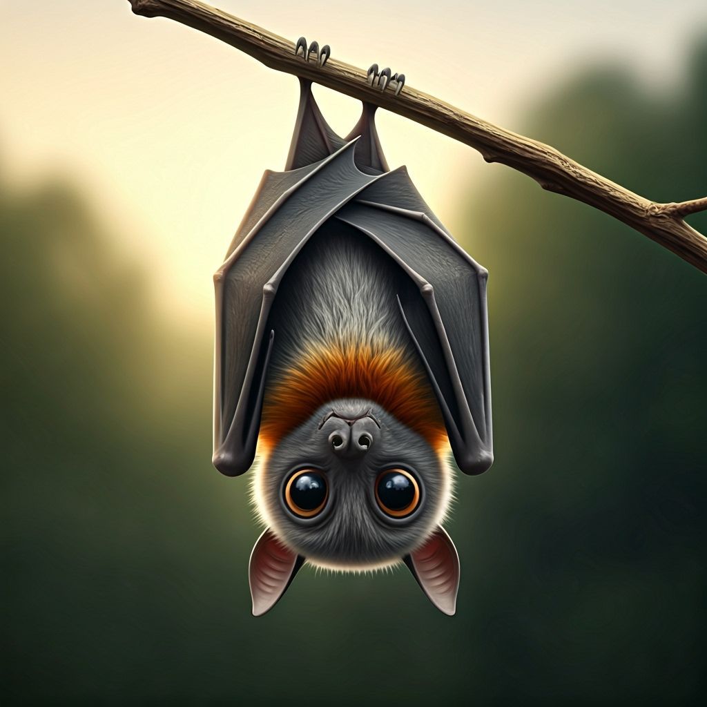 Cinematic wide angle shot of an adorable baby bat hanging on a bench upside down then he suddenly turns 180 degree, the ...