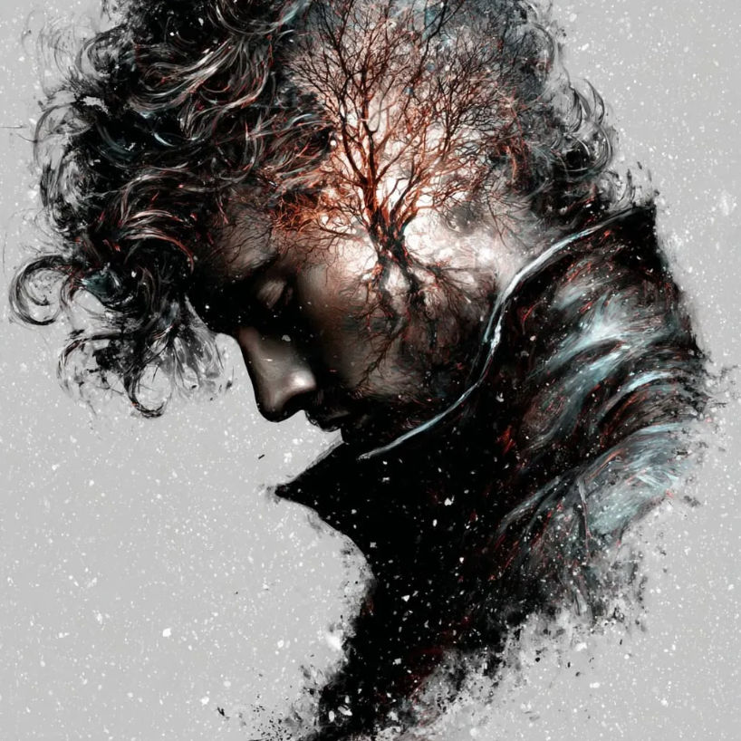 Double exposure cut-out portrait, white background 