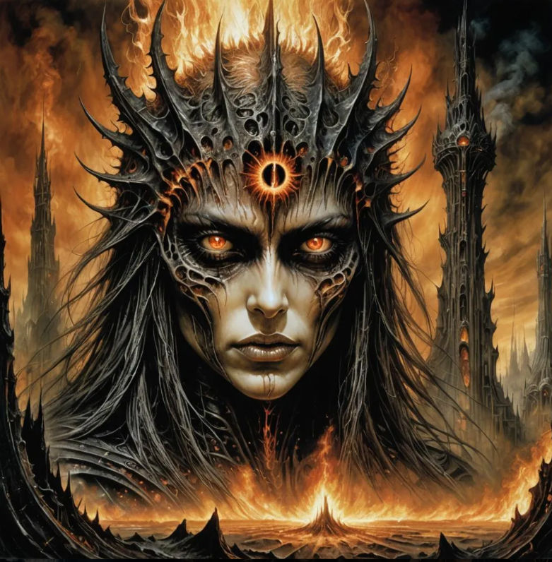 In the realm of fantasy, a legendary figure emerges: a futuristic alien werewolf witch. She stands on a street in ancient London at sunset,...