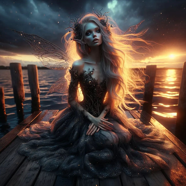 A witch fairy with iridescent wings and a gown woven from moonlight and shadows, tending to a garden of bioluminescent flora. Ancient, mysti...