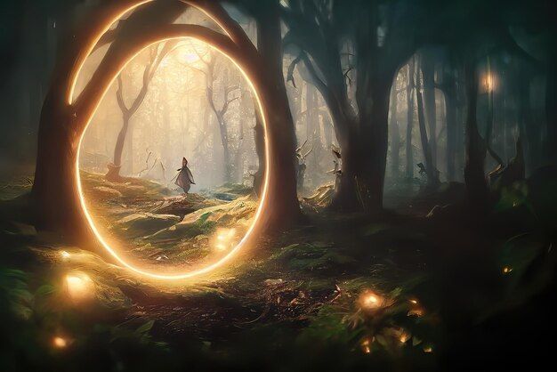 A double exposure of a colossal, crystalline gateway floats in the void between dimensions, pulsing with raw magical energy. Within its dept...