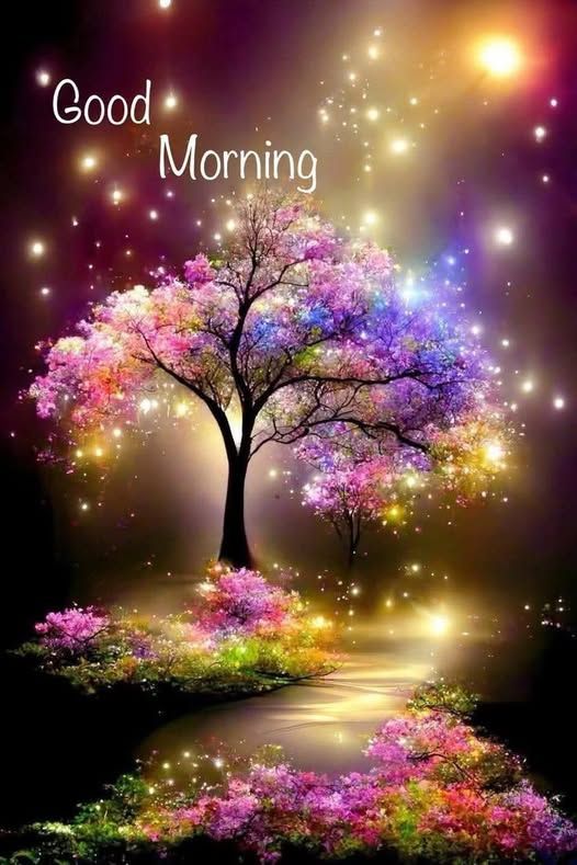 A pretty colourful garden in the evening with fireflies glowing and lighting the way