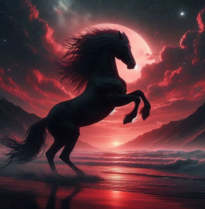 A solitary black stallion with a mane of blooming jasmine flowers, standing in a misty field at twilight, with a double exposure of an ancie...