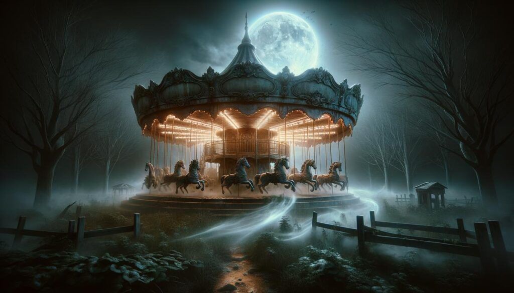 A Spooky carousel at twilight, its horses and spooky creatures illuminated by soft, glowing dark fog. The ride is set in a misty, haunted fo...