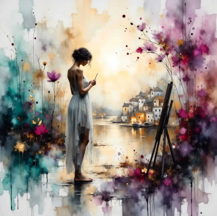 A surreal optical watercolor portrait depicts a sorrowful maiden, her features rendered in soft, dreamy hues. She sits sideways on a worn Gr...