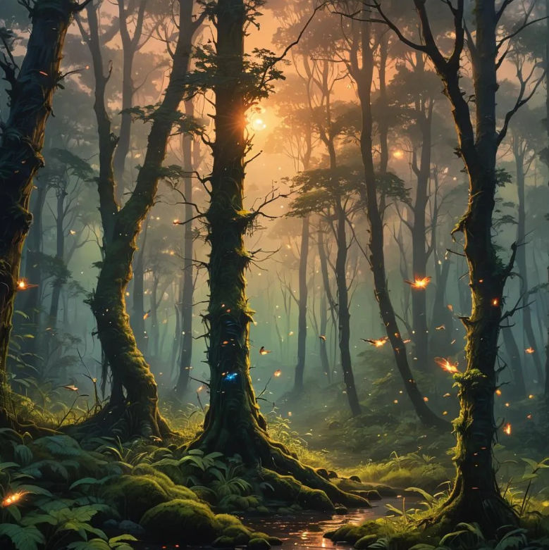 A magical garden where everything glows gently at night double exposure back light