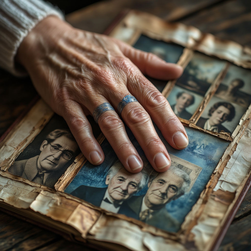 Extreme close-up, macro photograph of an elderly person's hand resting on a weathered, peeling family photo album. The skin on the hand is t...