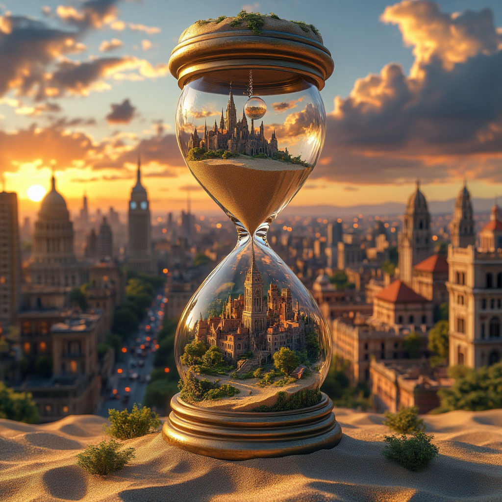 An hourglass where the top bulb contains a miniature, bustling city at noon, and the bottom bulb contains the same city as silent, overgrown...