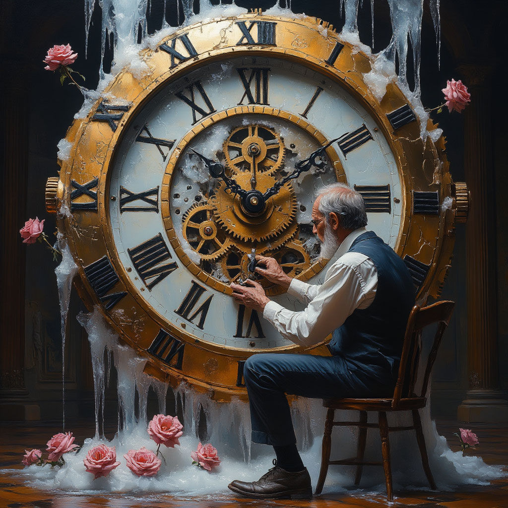A clockmaker who is blind, repairing a colossal, broken clock that is hanging in a void. The gears of the clock are made of melting ice and ...