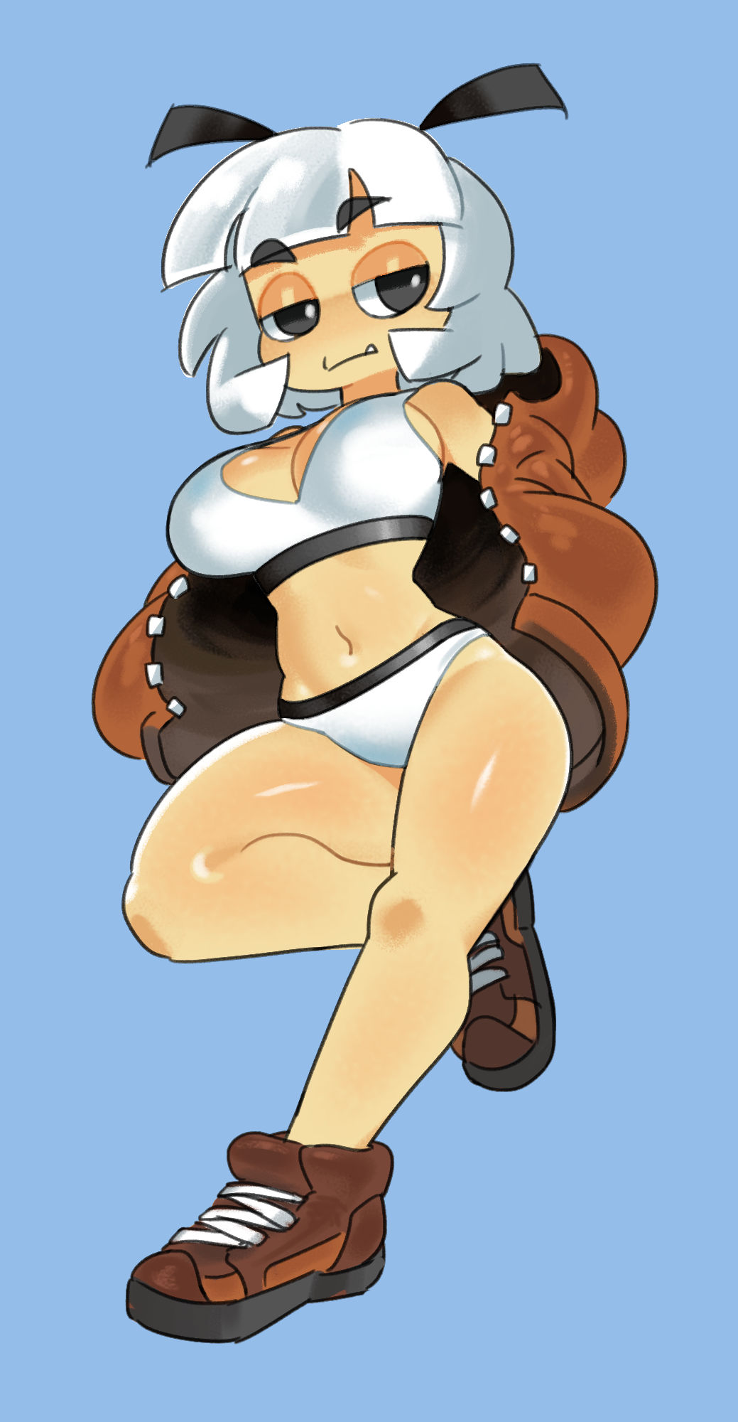 MAUREEN, solo, 1girl, solo, brown hair, twintails, black eyes,, pink shirt,, skirt, white socks, brown mary janes