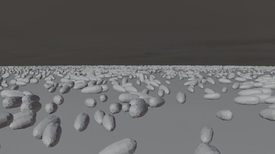 "same scene preserved: endless field of irregular organic cocoons scattered across the ground, same shapes and layout, but now with cold Pro...