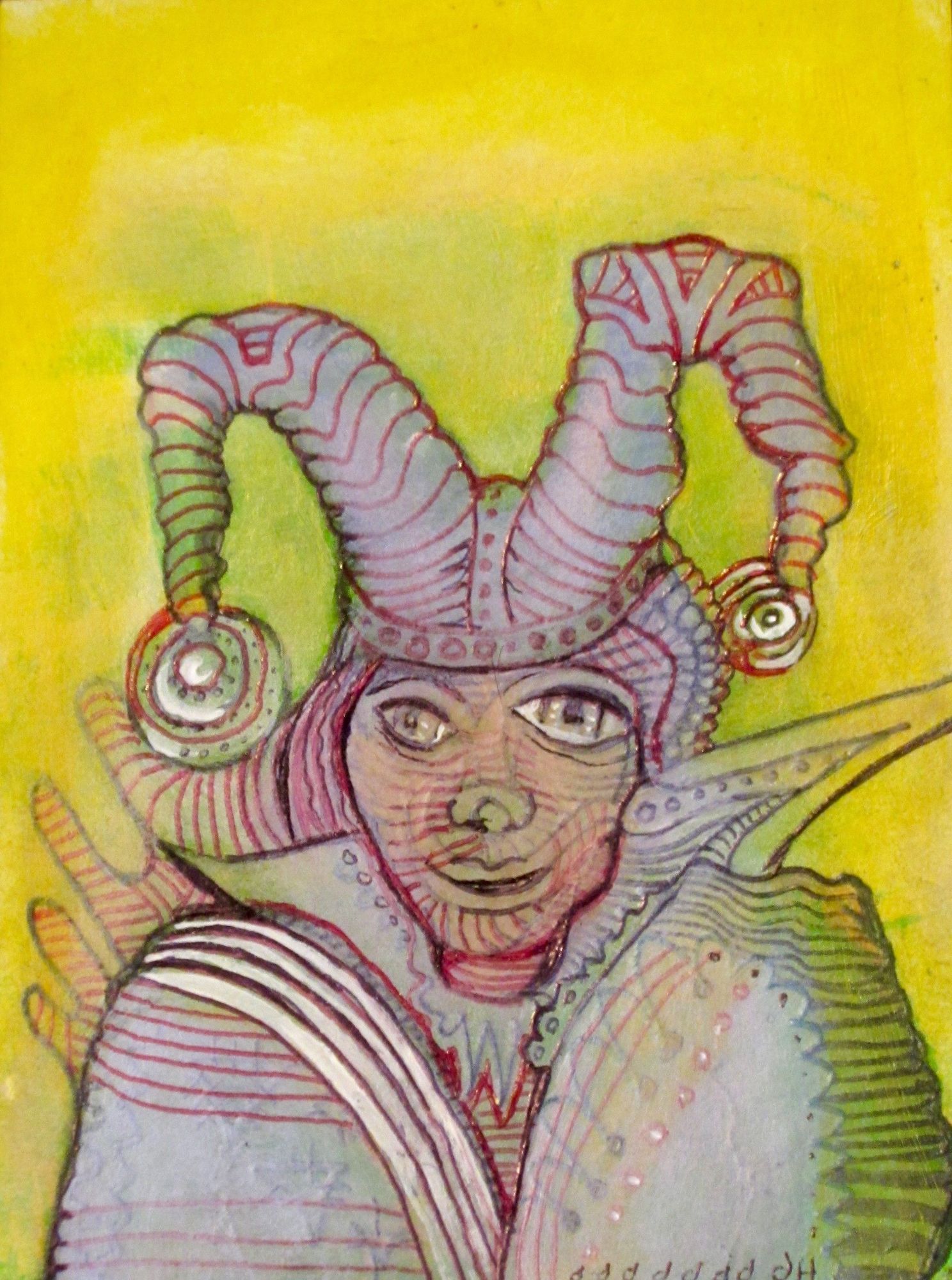 A joker in a two horned cap of medieval character display facial disharmony in his heterochoma mismatched eyes. In the style of structualism
