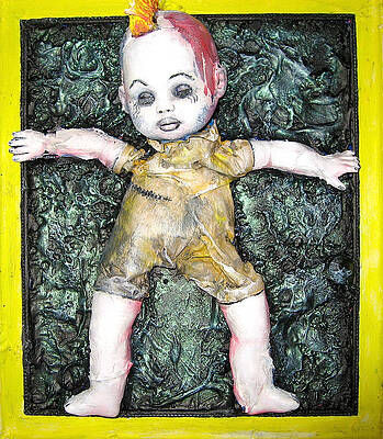 A young male androgyn punk squatting looking upwards with fear in his eyes. In the style of grainy video fotage. Glitches and intereferance...