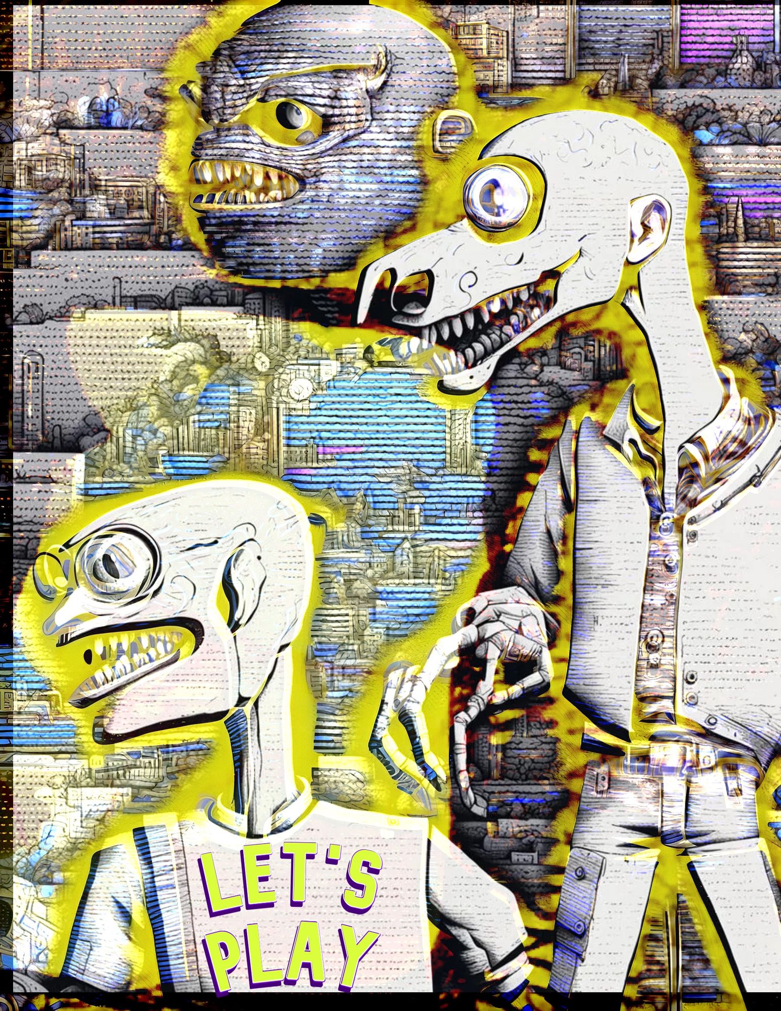 Television movie with glitch interference two monster males in a horror movie on a TV screen in the style of neon pastels